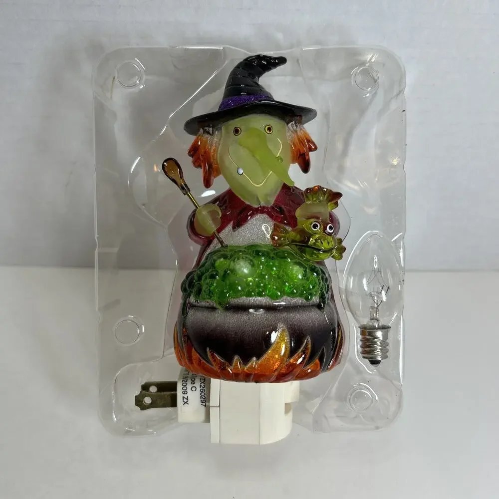 Colorful Translucent Witch Holding Spoon & Fish & Green Bubbling Brew Nightlight
